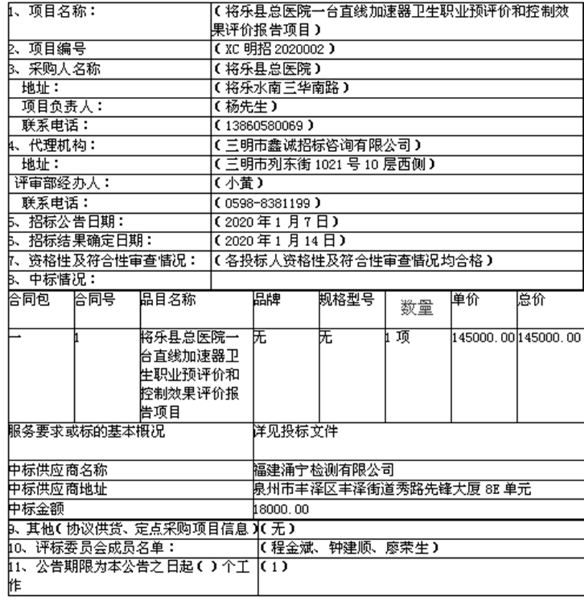 将乐县总医院直线加速器卫生职业预评价和控制效果评价报告项目结果公告